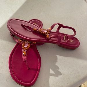 Fuchsia pink with orange accent flat sandals